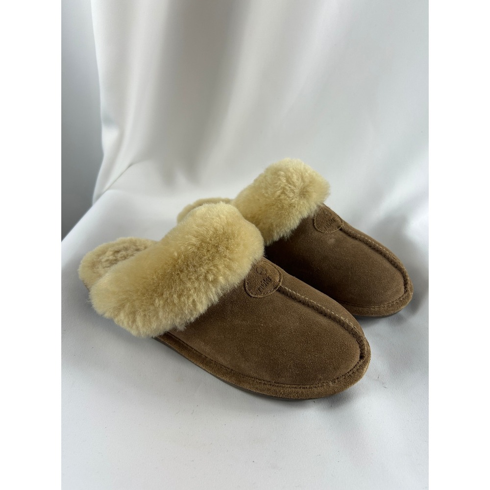 Nuknuuk Joy Brown Suede Sheepskin Lined Scuff Slippers Cozy Comfort Size 7